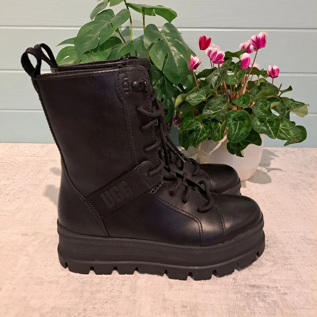 UGG WOMEN S SHEENA Black Leather Military Style Boots. UK Size 4