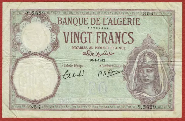 BANQUE de L'ALGÉRIE 20. 1. 1942 20 FRANCS (PICK#78c) VF