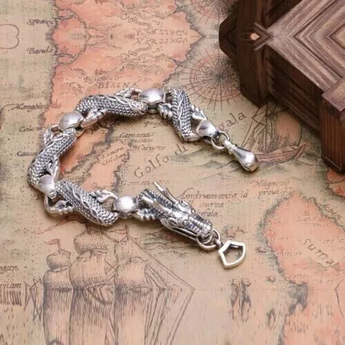 China Old Tibet Silver Carve Dragon Head Bracelet