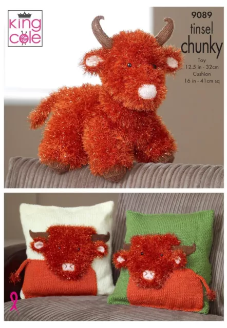 KING COLE Knitting Pattern Chunky Highland Cow Toy, Cushion Covers -9089