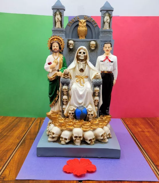 Santa Muerte Statue With Jesus Malverde & San Judas White Grim Reaper Sitting