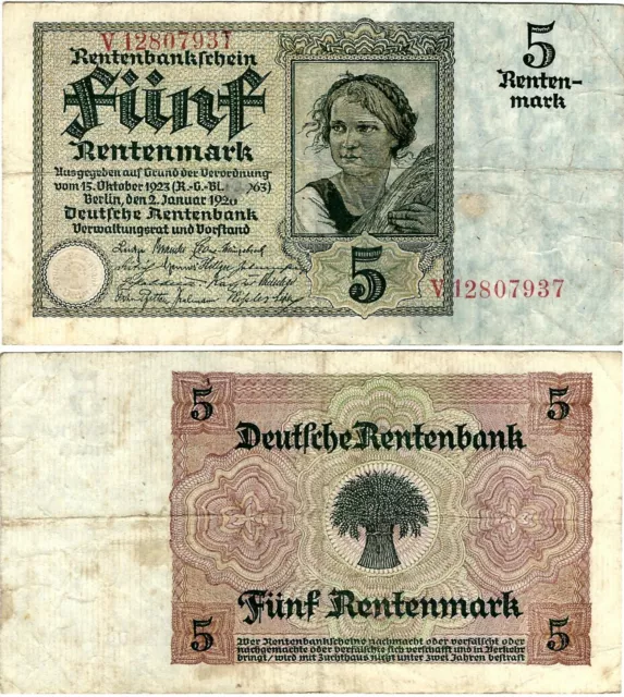 Rentenbankschein 5 Rentenmark 1926 Berlin DEU-209b Ro.164b P-169(2) SEHR SELTEN