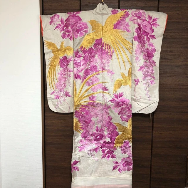 Japanese Silk Kimono Robe Uchikake Wedding Embroidery Gold Purple Antique U27