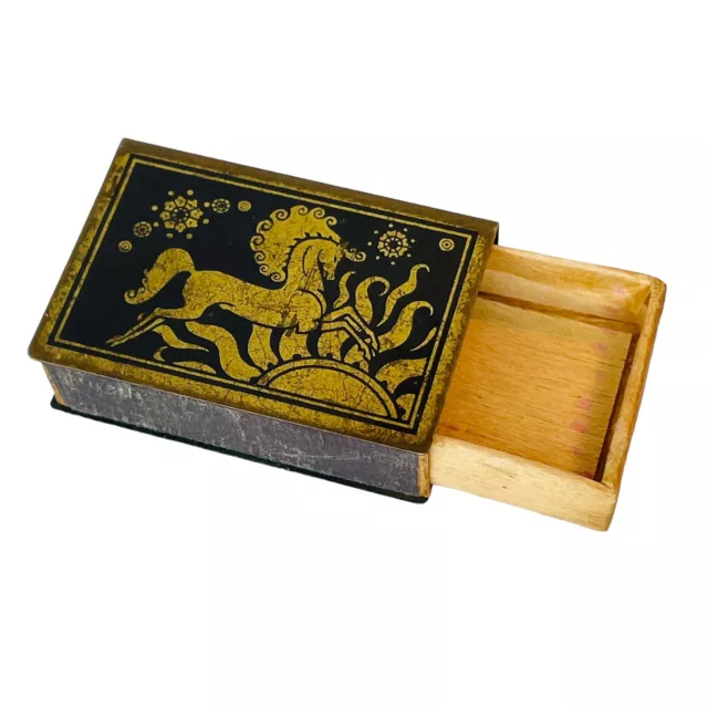 Art Deco Solid Brass and Niello Etched Match Safe Matchbox Horse Stars Sun Empty