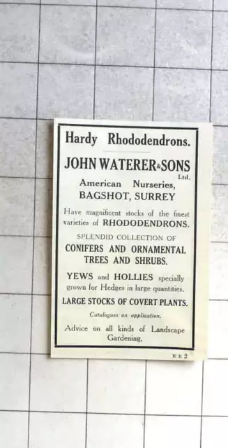 1912 John Waterer & Sons American Nurseries, Bagshot, Surrey Ad
