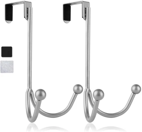 2Pack Over The Door Double Hanger Hooks, Metal Twin Door Hooks Organizer Silver