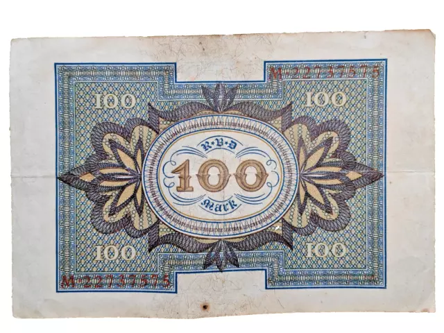 Reichsbanknote Deutsches Reich 100 Mark Rbd  1920 Serial M22737575 2