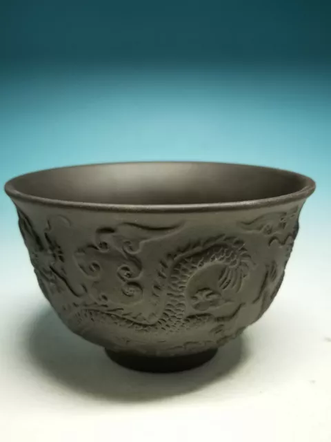 .Wonderful Yixing Purple Clay Manual Sculpture 3 Dragons Relief Pattern Bowl M04 2