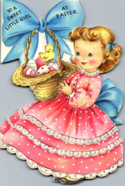 Diecut Peep Egg Basket Chick Easter Girl Dress Dots VTG Christmas Greeting Card