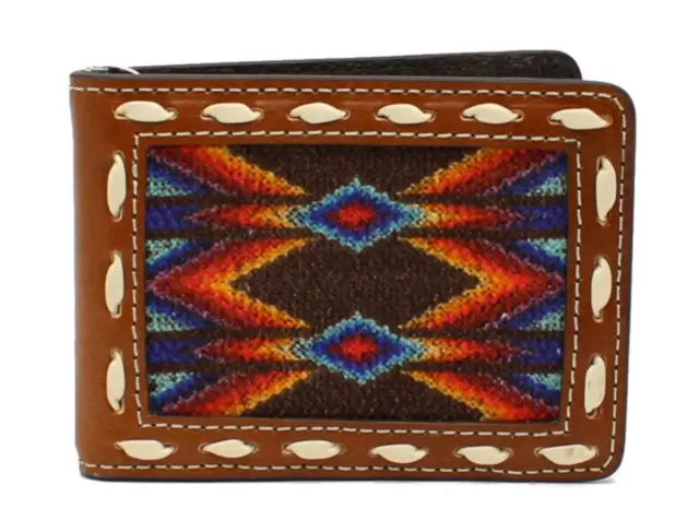 Nocona Western Leather Mens Bifold Money Clip Lace Fabric Inlay Multi N500005297