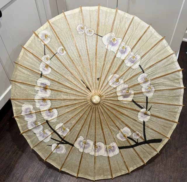 Vintage Asian Rice Paper Oriental Umbrella Bamboo Handle Dogwood Flower
