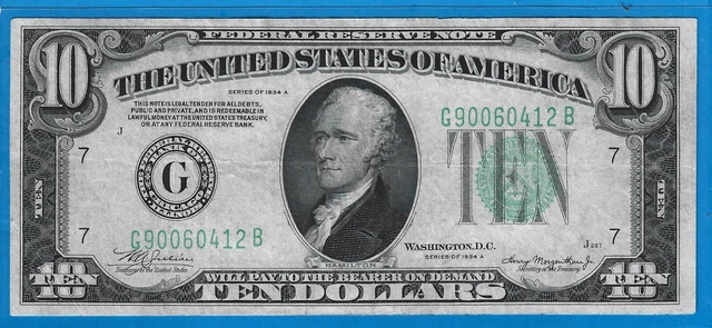 1934 A $10 FRN G-Chicago,Green Seal,Circ VF,Nice!