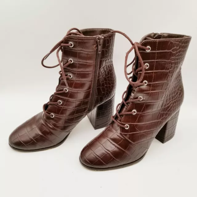 Forever 21 Womens Brown Faux  Leather Crock  Lace Up Block Heel Booties 7 3