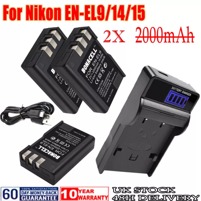 2/4x  EN-EL14/15 for Nikon Battery 2000mAh EN-EL9A Charger D60 D40X D5000 D3000