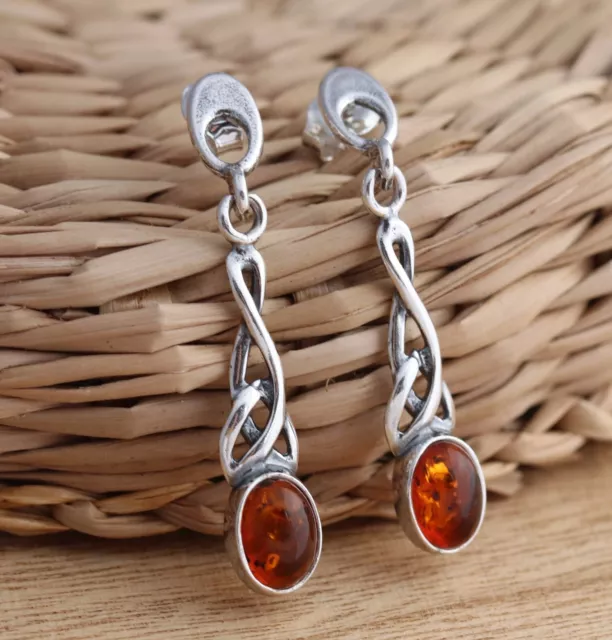 Cognac Baltic Amber 925 Sterling Silver Celtic Design Dangle Drop Earrings Boxed