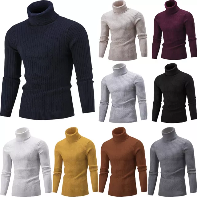 Men's Winter Knitted Turtleneck Sweater Long Sleeve Solid Jumper Knitwear Tops ^