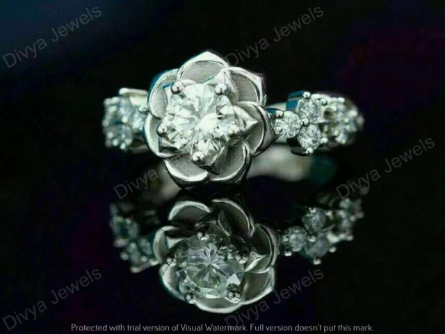 Anillo de boda moissanita flor de loto moissanita corte redondo de 14 K enchapado en oro blanco de 3,10 quilates