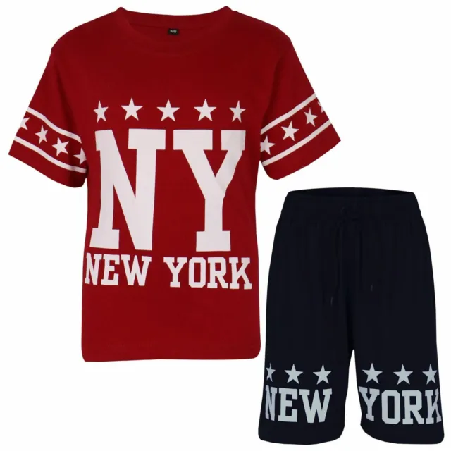 Bambini Ragazzi T-Shirt Pantaloncini 100% Cotone Ny New York Top Corto Set 5-13