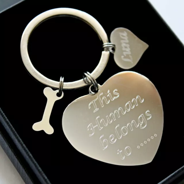 This Human Belongs To Personalised Engraved Keyring Dog Puppy Pet Lovers Gift