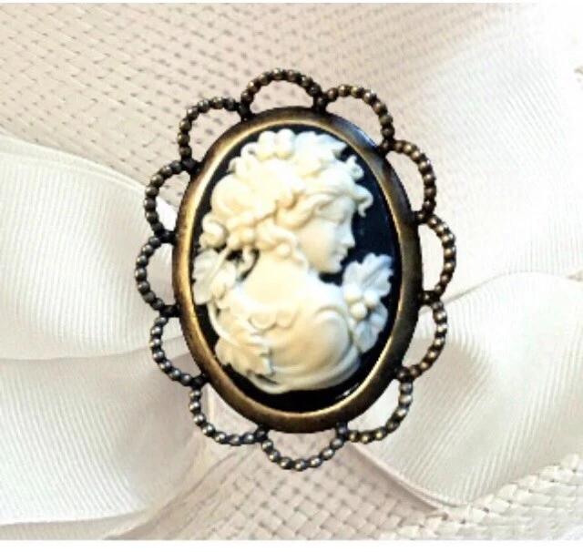 HATPIN with IVORY COLOR LADY on BLACK CAMEO - Old Brass Finish