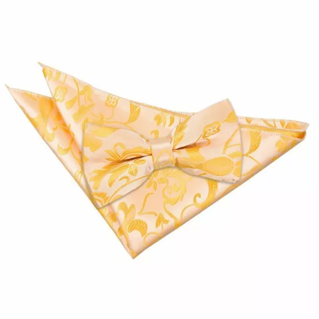 Gold Mens Pre-Tied Bow Tie Hanky Wedding Set Woven Floral by DQT