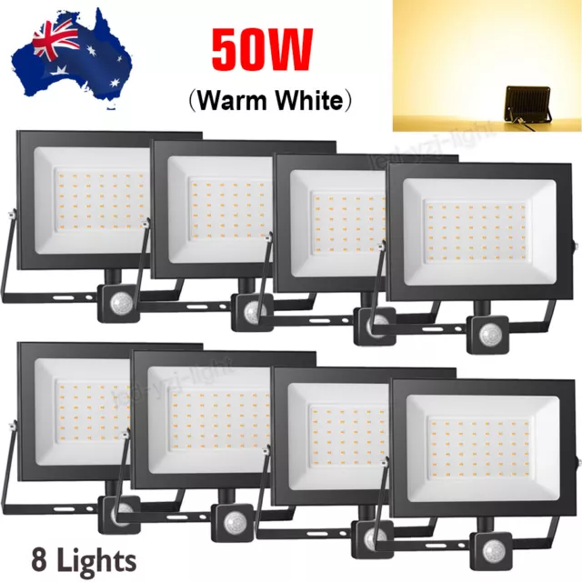 8x 50W LED Flood Light PIR Motion Sensor Outdoor Security Spotlight Warm White