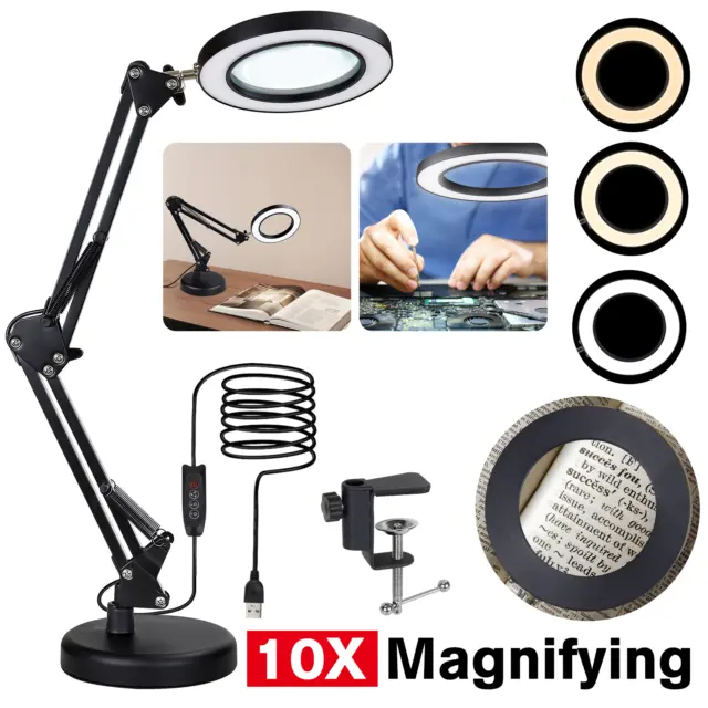 10x Magnifying Glass Desk Light Magnifier LED Lamp Reading Lamp With Base& Clamp