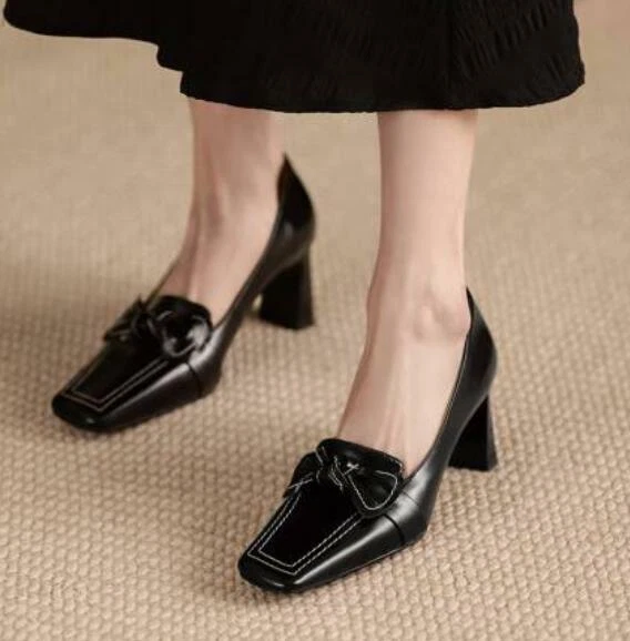 Womens High Block Heel Leather Square toe Bowtie Slip on Pumps Dress Party Shoes