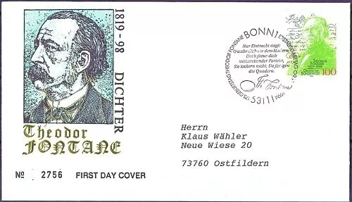 BRD 1994: Theodor Fontane! FDC der Nr. 1767 mit Bonner Stempel! Gelaufen! 23-10