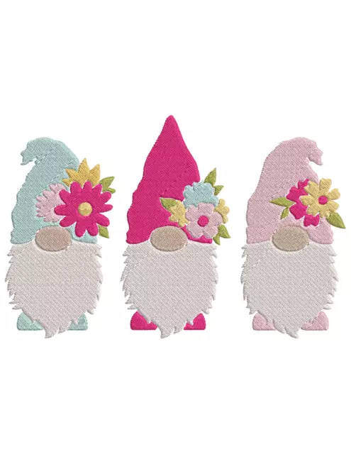 SPRING GNOME TRIO WITH FLOWERS Embroidery Machine Design Pattern PES JEF HUS