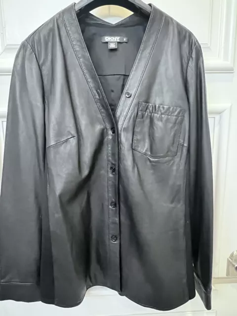 DKNY Women's Black 100% Lamb Leather Button Front  Jacket or Blouse Lined Size M