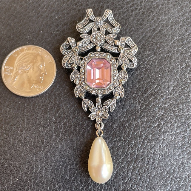 VTG Antique Victorian Style Brooch Marcasite Pink Stone Faux Pearl Teardrop 3 in