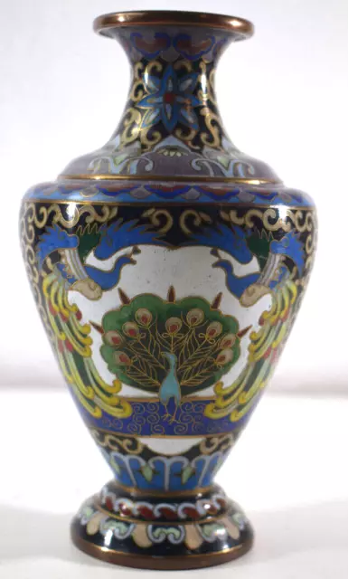 Antique CHINESE CLOISONNE 6 1/4" Vase With PEACOCKS BRASS COLORFUL, BLUE Bottom