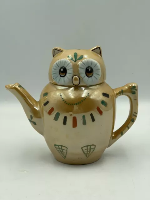 Chinese Lucky Cat Teapot 12cm Ceramic Peach Lustre Hand Painted Made In China