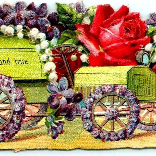 c1900s Flower Automobile Car Die Cut "Constant and True" Trade Card Antique C1