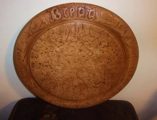 ANTIQUE 1800s ROUND MAPLE BREAD BOARD CARVED "BREAD" ON RIM BEAUTIFUL PATINA!!!