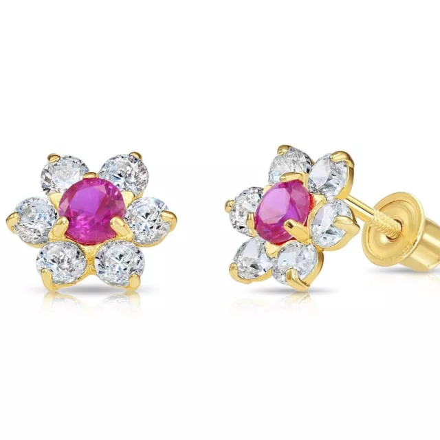 14K Real Solid Gold Flower Halo Birthstone CZ Sleeper Studs Earrings Screw-back