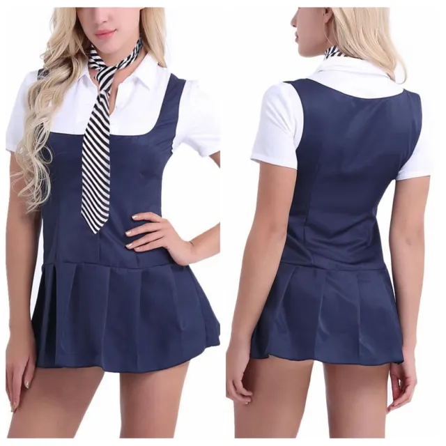 Damen Studentin Uniform Minikleid mit Krawatte Schulmädchen Kostüm Dessous Set