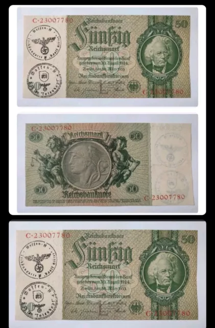 GERMAN BANKNOTE 50 REICHSMARK 1933 SWASTIKA 3RD WW2 Money Bill Military Stamped