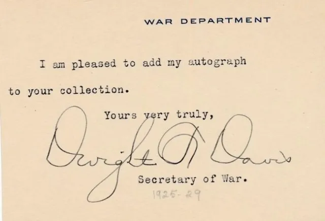 Dwight F. Davis-Vintage Signed War Department Card (Davis Cup Named after Him)