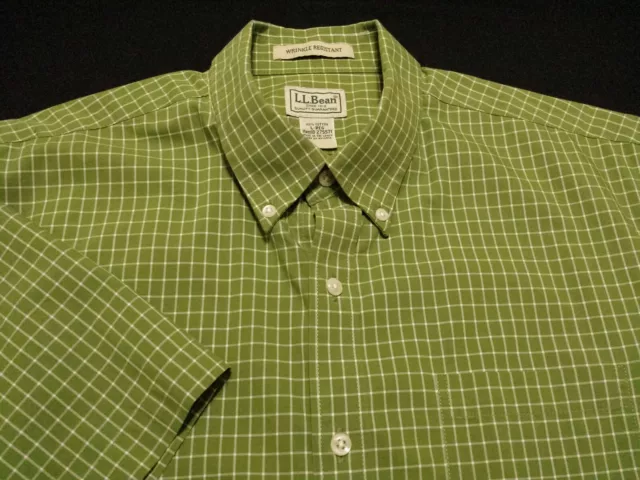 L.L. Bean Mens Large Shirt Short Sleeve Button-Down 100% Cotton Green Plaid