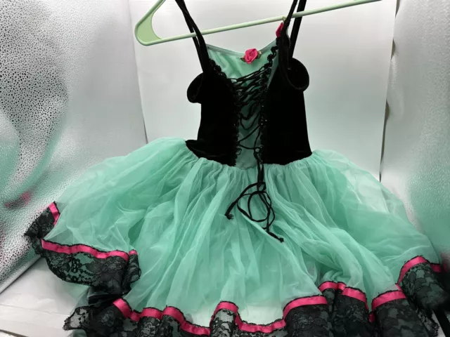 Long tutu Ballet Dance Costume lace up front Black Lace Trim Aqua Skirt