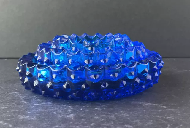 Cobalt Blue FENTON Glass 3 PC Set Colonial Hobnail Nesting Stacking Ashtrays