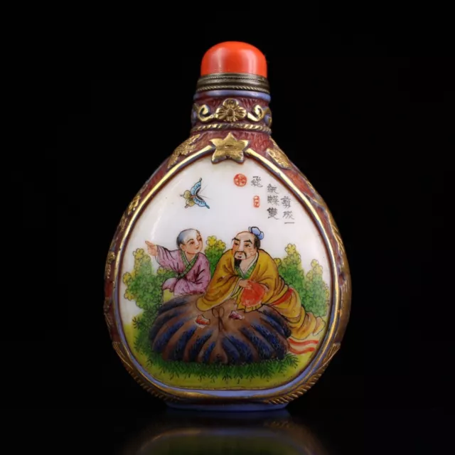 chinese carved glass snuff bottle gold gilding  hand painted painting peking