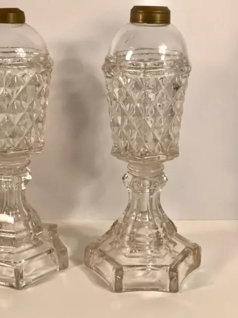 PAIR Ca 1830-1850s Boston & Sandwich Flint Glass Oil Lamps Flattened Sawtooth 3