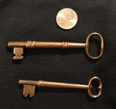 2 Antique 1870s(?) Victorian Brass Cabinet Skeleton Door Key Solid Excellent