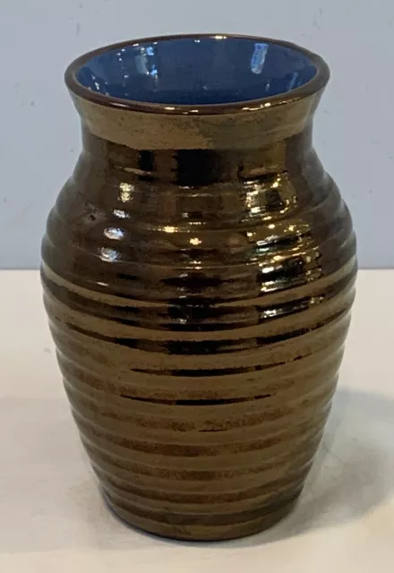 Vintage MCM Creigiau Cardiff Wales 5-1/4" Art Pottery Vase With Metallic Glaze