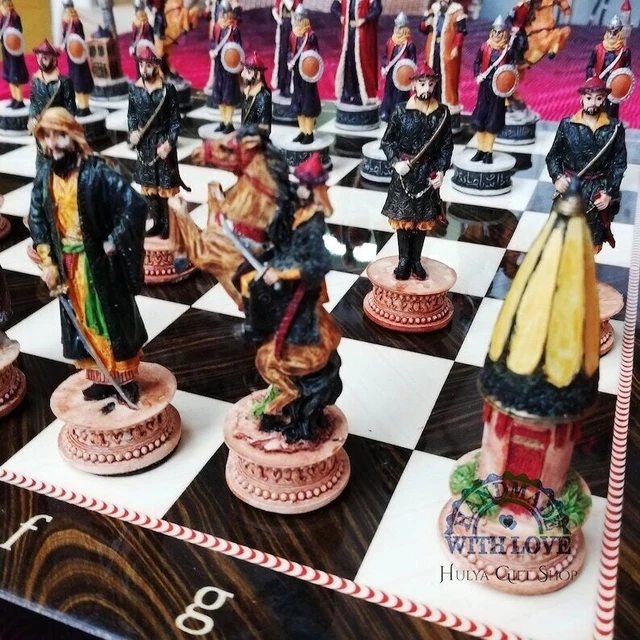 Chess Set Hungarian vs Ottoman Hand Painted Chess Pieces and Walnut Game Board 2