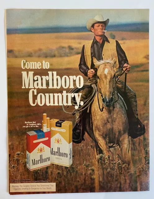 1972 MARLBORO Red Cigarettes Cowboy & Horse Longhorn 100's Vintage PRINT AD
