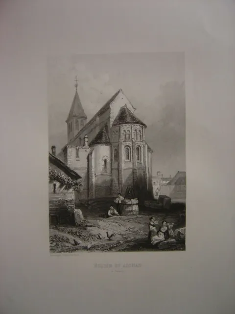 COSNES Church of Saint Aignan de Cosne-Cours-sur-Loire Large engraving circa 1850 2